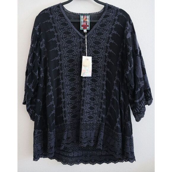 Johnny Was W's Sz XS Black Hakaru V-Neck 3/4-Sleeve Tonal Embroidered Tunic - Picture 1 of 9